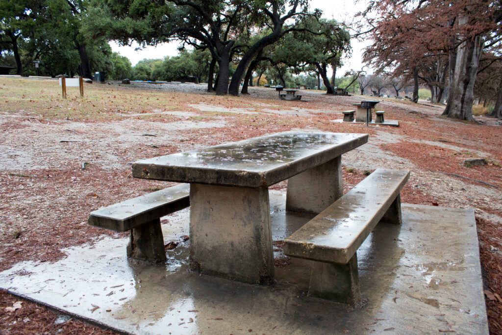 wet picnic table at Garner State Park